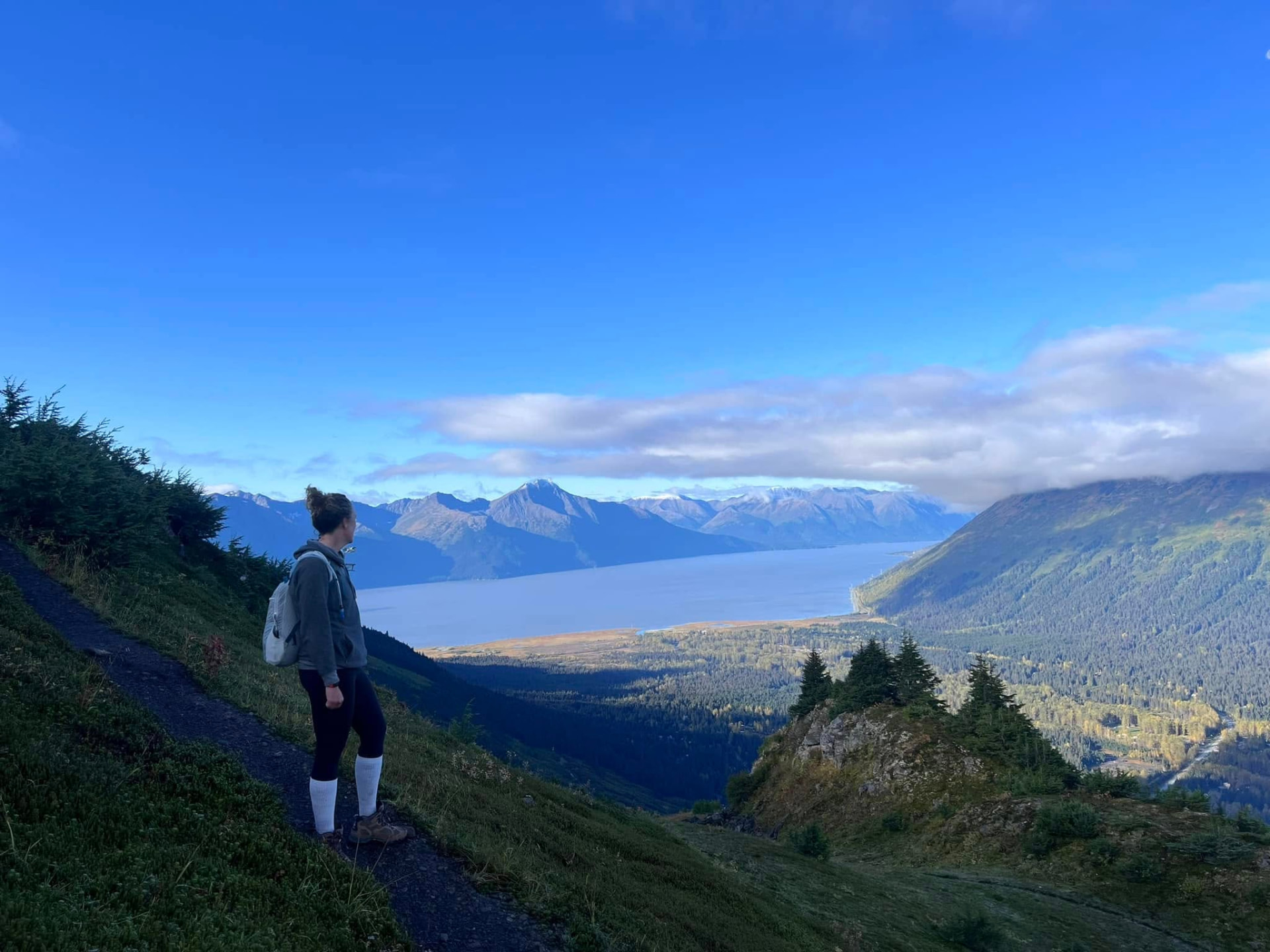 A hiker pausing on a mountain trail above a wide Alaskan inlet